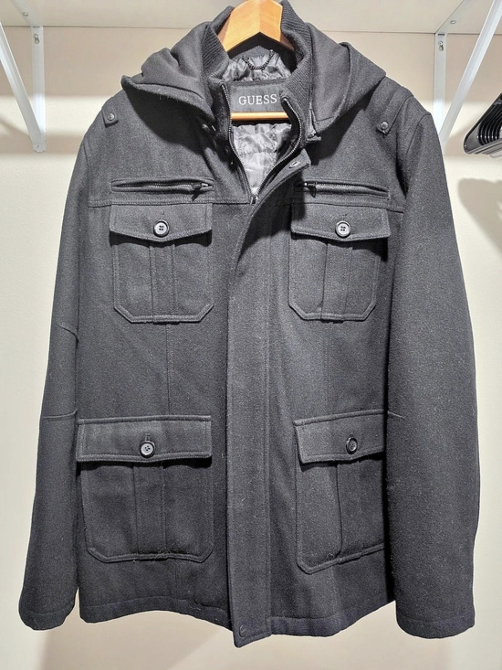 GUESS Men's Hooded Utility Jacket Black XL Like New
